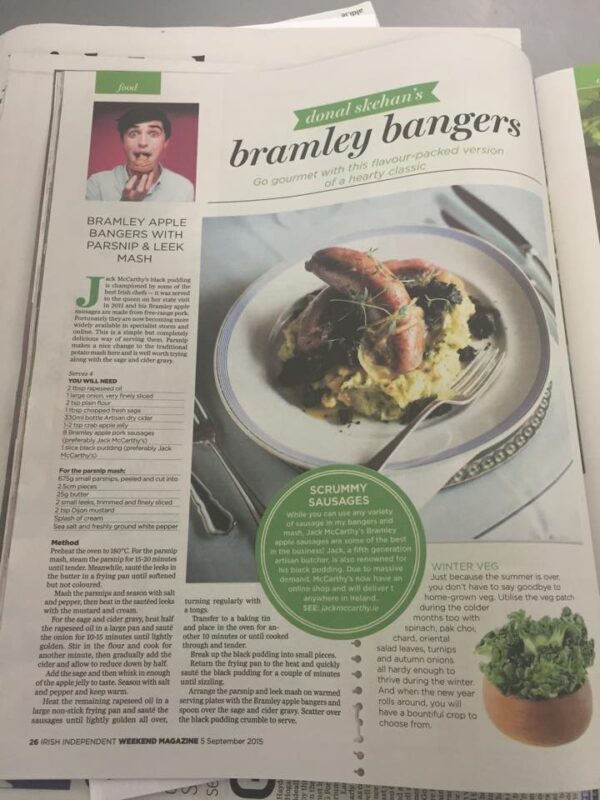 McCarthy’s Bramley Apple Bangers with Parsnip and Leek Mash, Sage and